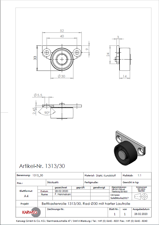 Technische Zeichnung einer Kastenbockrolle mit Ø 30 mm, harte Lauffläche, KARWEG; 3D-Ansicht unten rechts.
