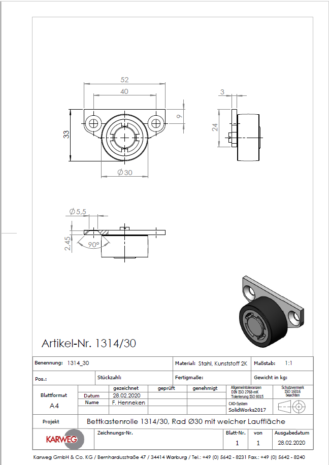KARWEG Ø30 mm Kastenbockrolle, weiche Lauffläche, Sonderausführung, Stahlblech.