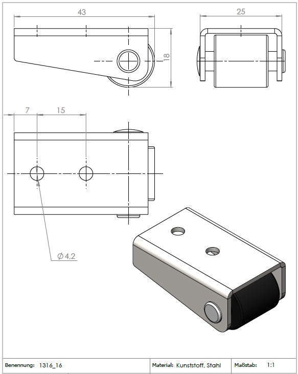 3D-CAD: KARWEG Kastenbockrolle Ø 16 mm, harte Lauffläche, Sonderausführung, Maße wie abgebildet.