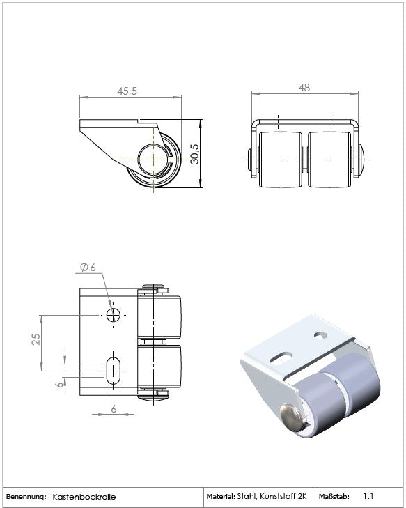 3D-Rendering einer Sonderkonstruktion „Kastenbockrolle“ mit Ø 25 mm, 2 Räder, von KARWEG GmbH & Co. KG.