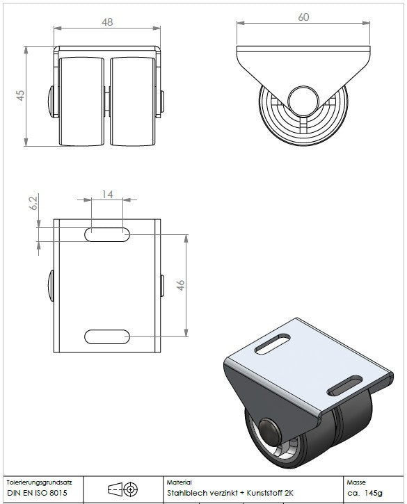 3D-Zeichnung der KARWEG-Kastenbockrolle Ø 40 mm, 2 Räder, weiche Lauffläche; Maße sind angegeben.