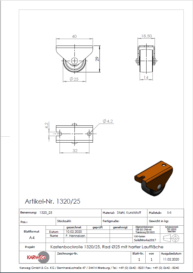 KARWEG Ø25 mm Kastenbockrolle mit harter Lauffläche, 3D-Ansicht und technischer Zeichnung.