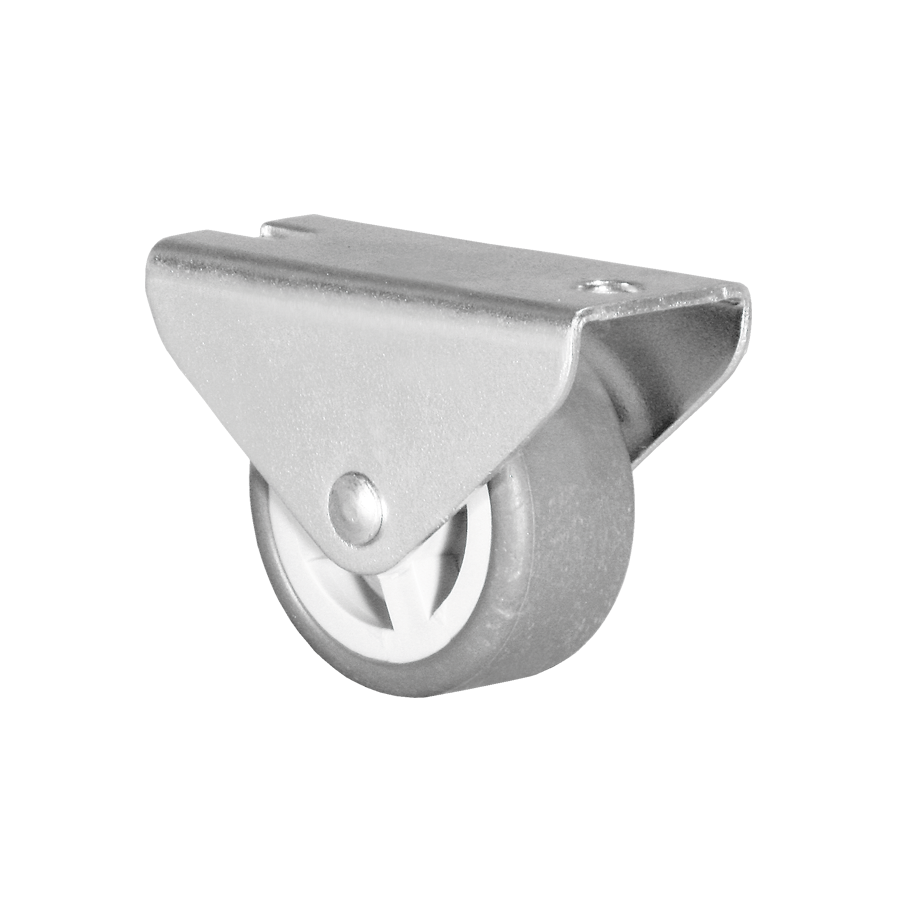 KARWEG Ø30 mm Kastenbockrolle, weiche Lauffläche, Metall, Platte, weißer Hintergrund.