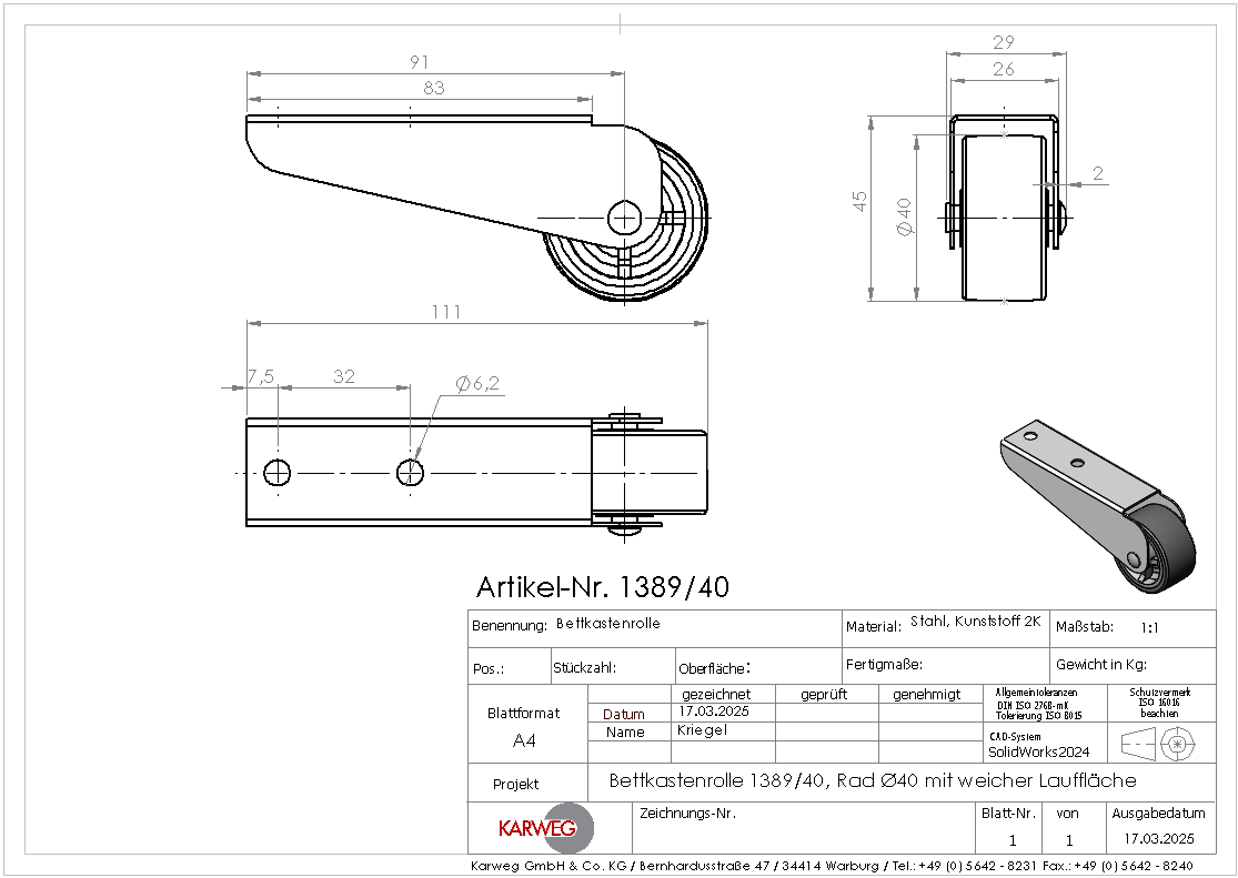 Technische Zeichnung „Bettkastenrolle 83 x 26 mm, Ø 40 mm, weich“ von KARWEG: Draufsicht, Seitenansicht, isometrische Ansicht und Maße.