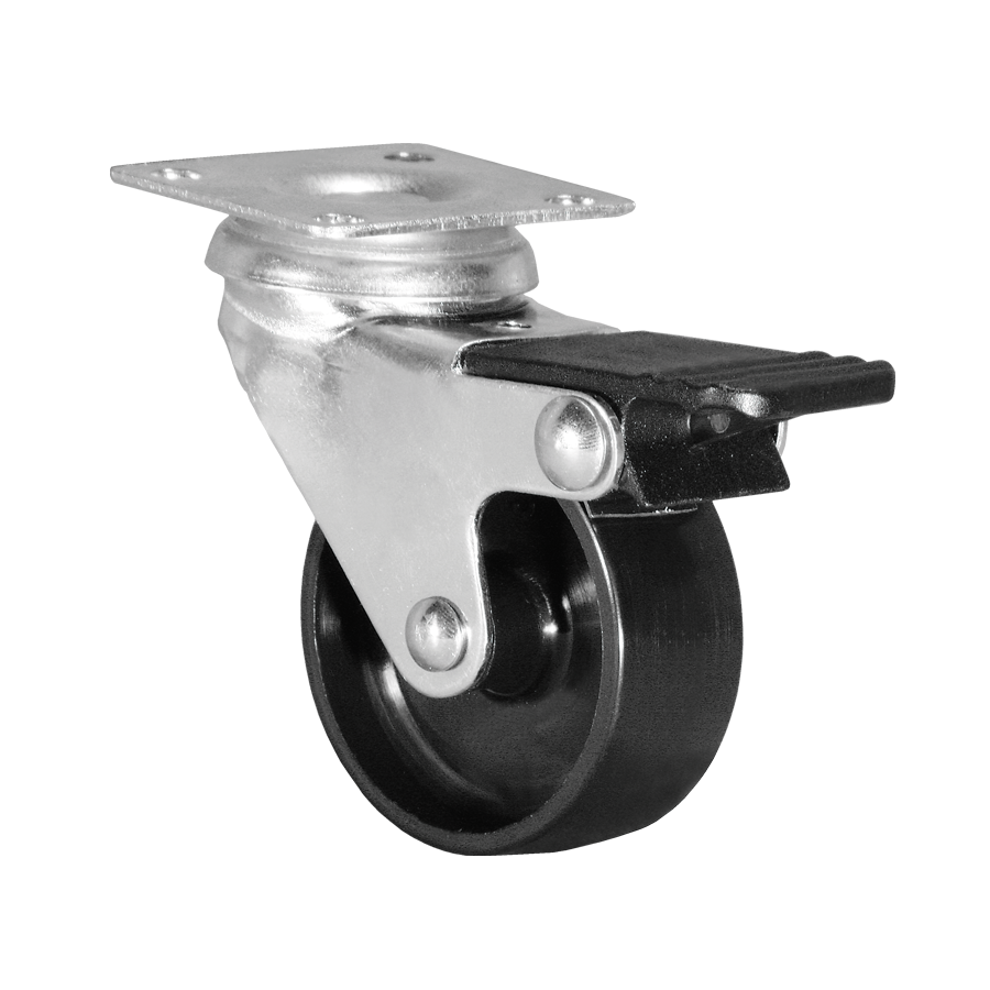 KARWEG 100 mm Apparaterolle, harte Lauffläche, Feststeller, Platte 60 × 60 mm, schwarz/silber.