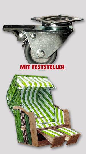 KARWEG Ø50 mm Doppelrolle mit Feststeller über einem gestreiften Stuhl, dazwischen deutscher Text.