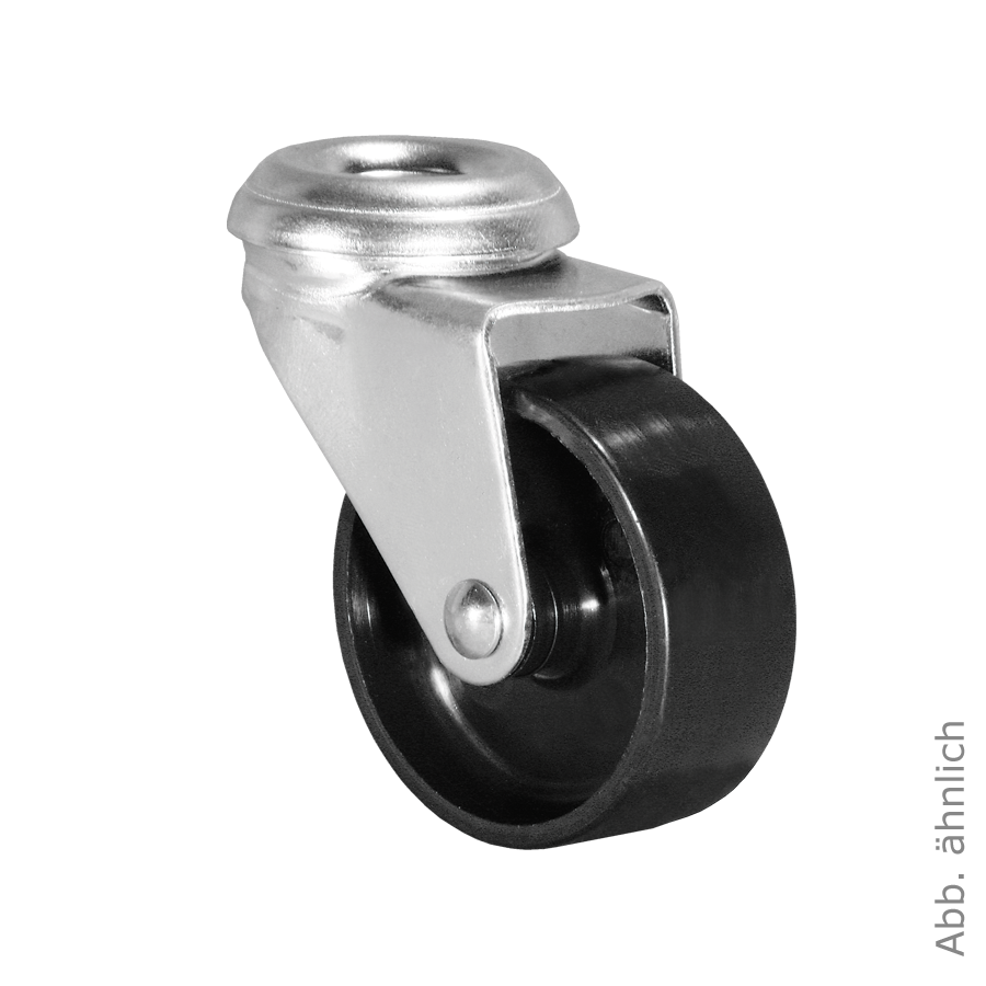 KARWEG Ø50 mm Apparaterolle, harte Lauffläche, Rückenloch Ø8,2 mm, Metallhalterung, schwarz.
