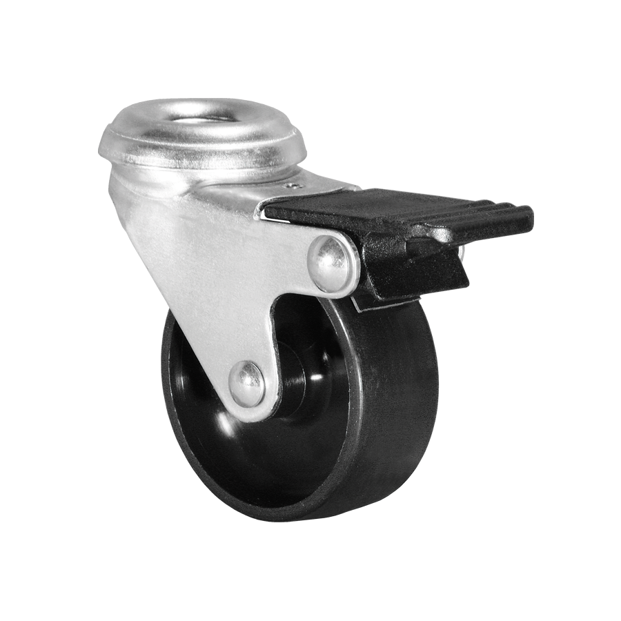 KARWEG Ø50 mm Apparaterolle, harte Lauffläche, Feststeller, Rückenloch 8,2 mm, schwarz.