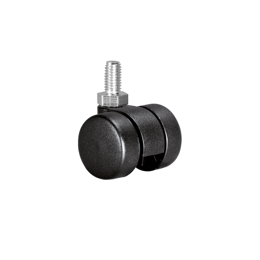 KARWEG-Doppelrolle, Ø 30 mm, harte Lauffläche, Gewindestift M8 × 12 mm, auf weißem Untergrund isoliert.