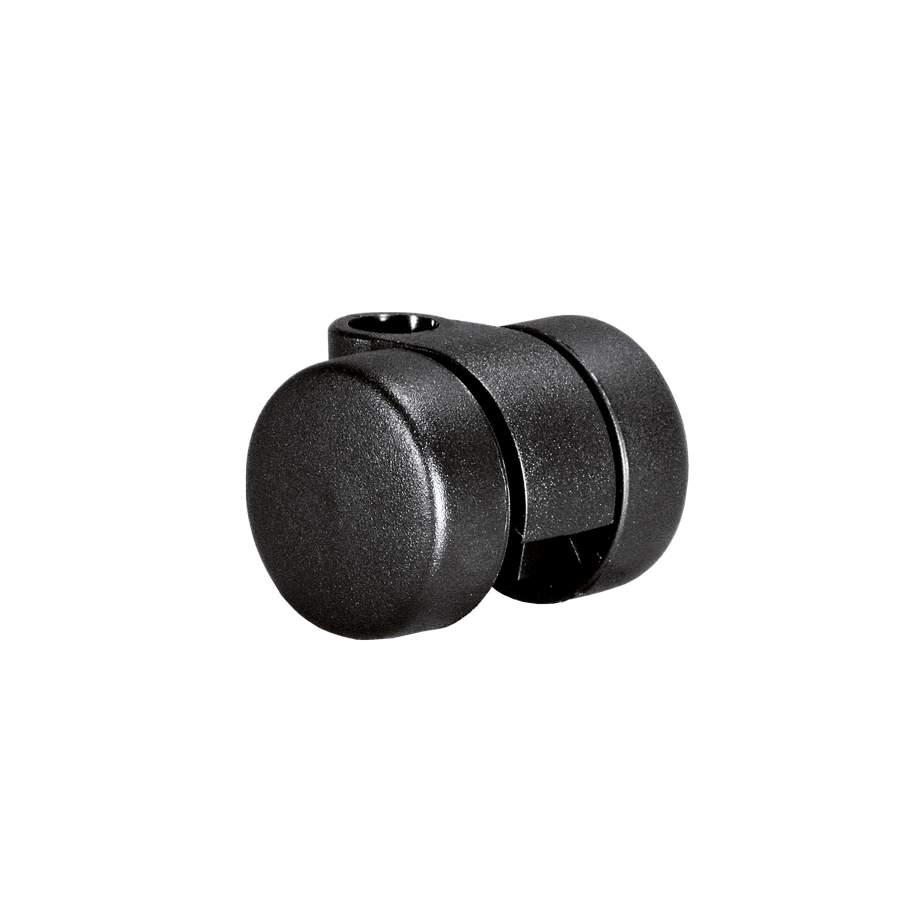 Schwarze Kunststoffklemme für KARWEG-Doppelrolle Ø 30 mm mit harter Lauffläche, geteilte Ausführung.