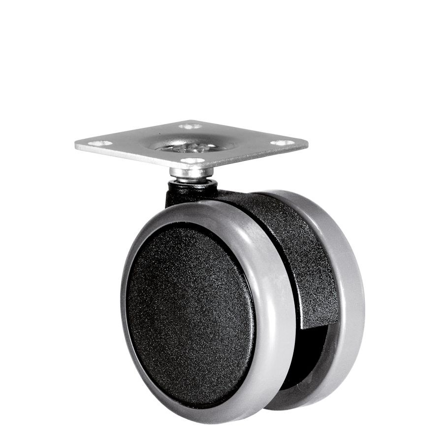 KARWEG Doppelrolle Ø 75 mm, weiche Lauffläche, Platte 42 × 42 mm – ideal für harte Böden.