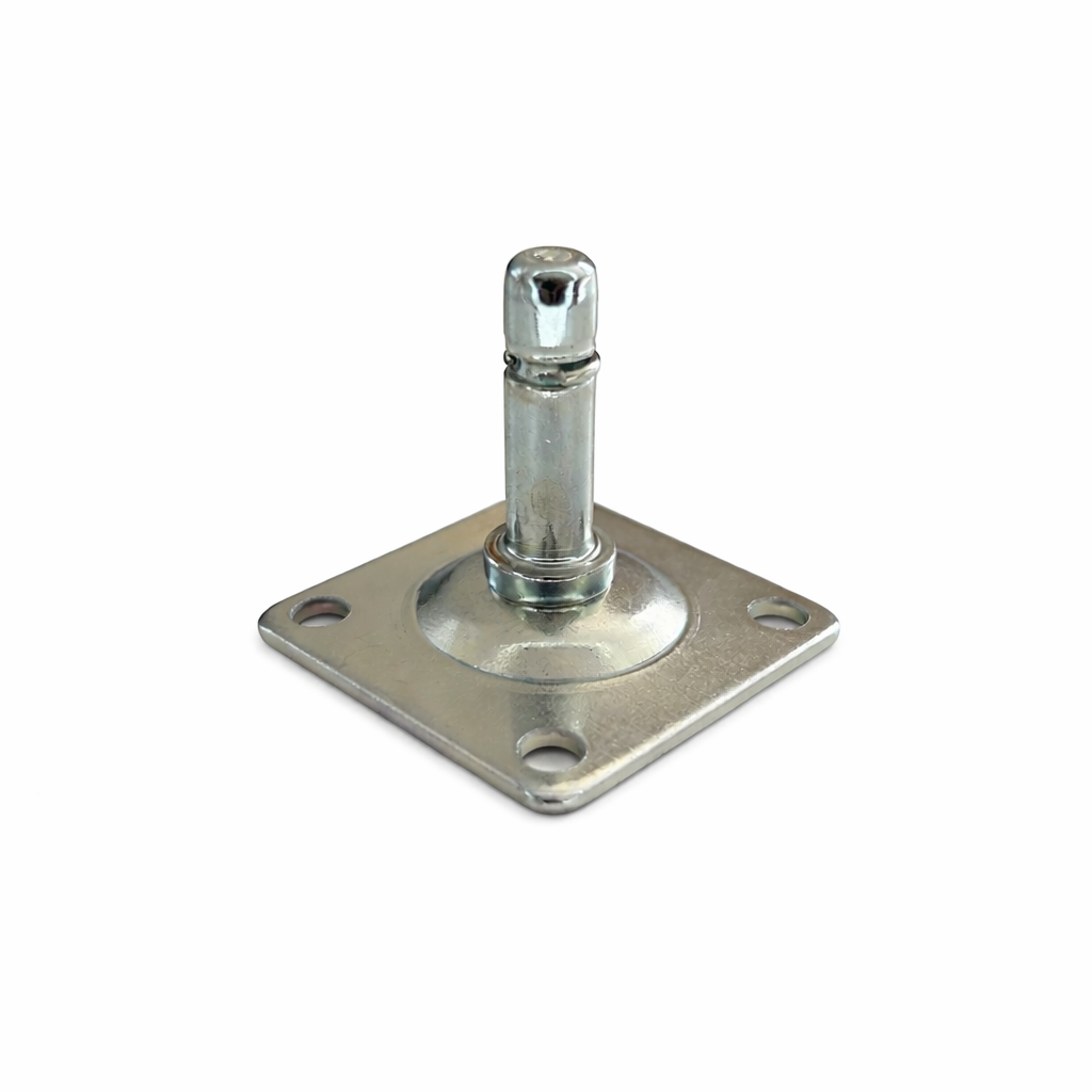 KARWEG Anschraubplatte 40 × 40 × 2 mm, Stift Ø 8 × 27 mm mit Klemmring, zur Befestigung an Möbeln.