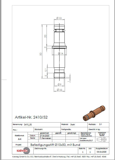 Technische Zeichnung des KARWEG-Bürostuhlrollenstifts Ø 10 × 50 mm mit Maßangaben und 3D-Ansicht in der Ecke.
