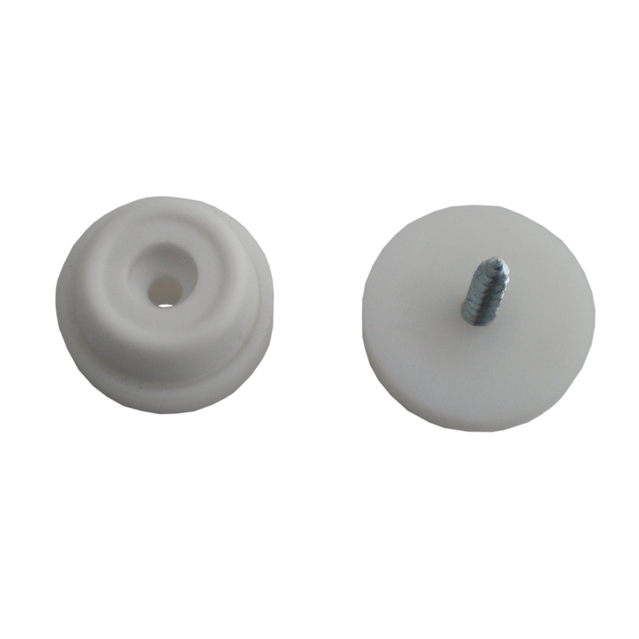 Zwei weiße KARWEG-Gummistopper (Ø 24 mm): einer mit Schraube, einer mit flacher Bodenschutzfläche.
