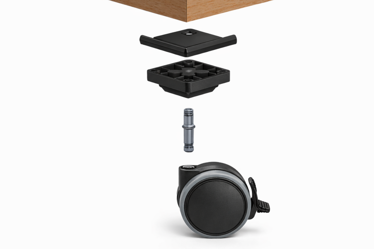 Rollendiscount Lenkrollen-Set 75 mm mit Feststeller und Montageblock, unter der Holzplatte montiert.