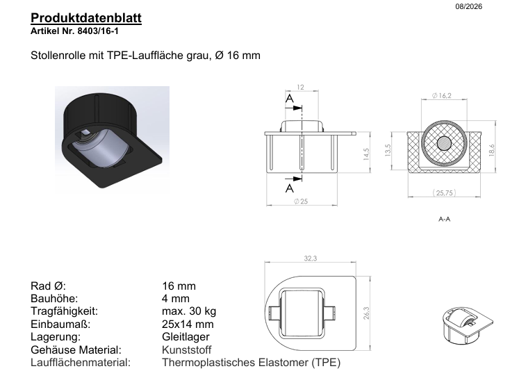 Technische Zeichnung: KARWEG Stollenrolle 16 mm, schwarz, harte Lauffläche, technische Daten auf Deutsch.