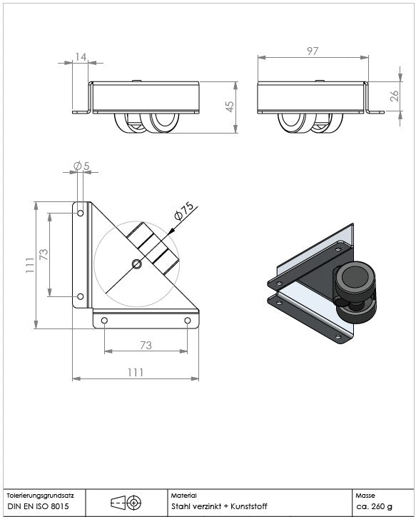 Eckwinkel mit Rolle (Ø 35 mm) von KARWEG GmbH & Co. KG, harte Lauffläche, Abmessungen und Material sind abgebildet.
