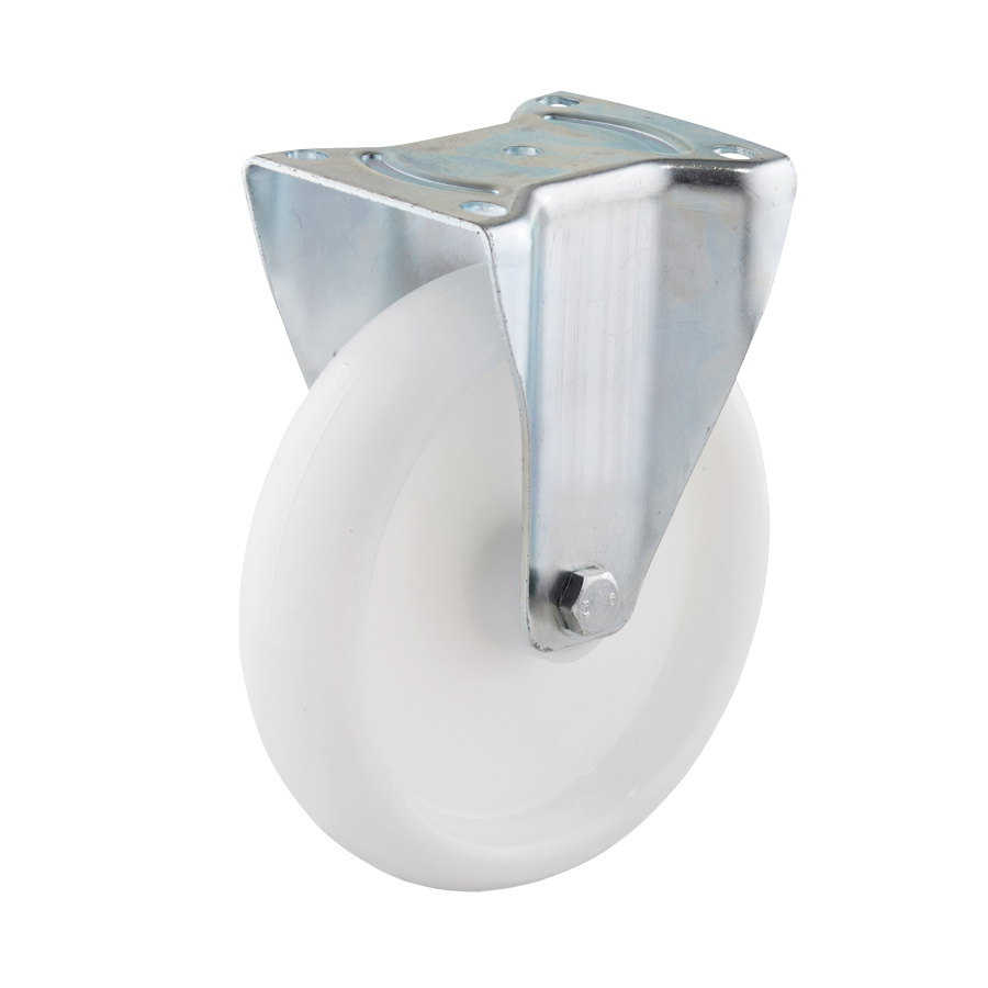 KARWEG Ø150 mm Bockrolle, Polyamid 6, Gleitlager, Anschraubplatte, weiß, hohe Tragfähigkeit.