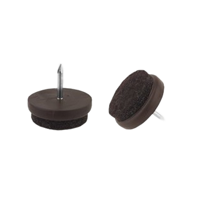 Zwei braune Filzgleiter (Ø 24 mm) von KARWEG, 2 Stück: einer aufrecht, einer liegend, mit Filzunterlagen.
