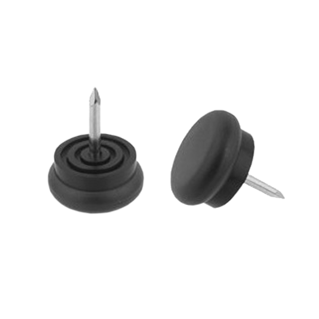 Zwei KARWEG-Kunststoffgleiter (Ø 30 mm, natur) mit Nägeln (2,2 × 14 mm), einer aufrecht, einer auf der Seite liegend.