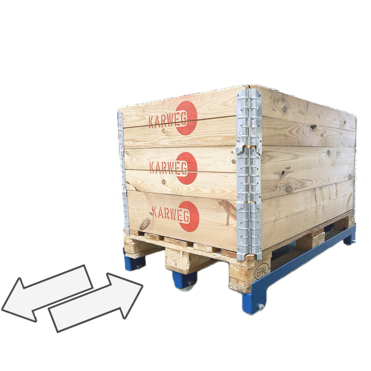 KARWEG Europaletten-Rollwagen: 1000 kg, 5 Nylonrollen, für Hubwagen geeignet, geringe Höhe.