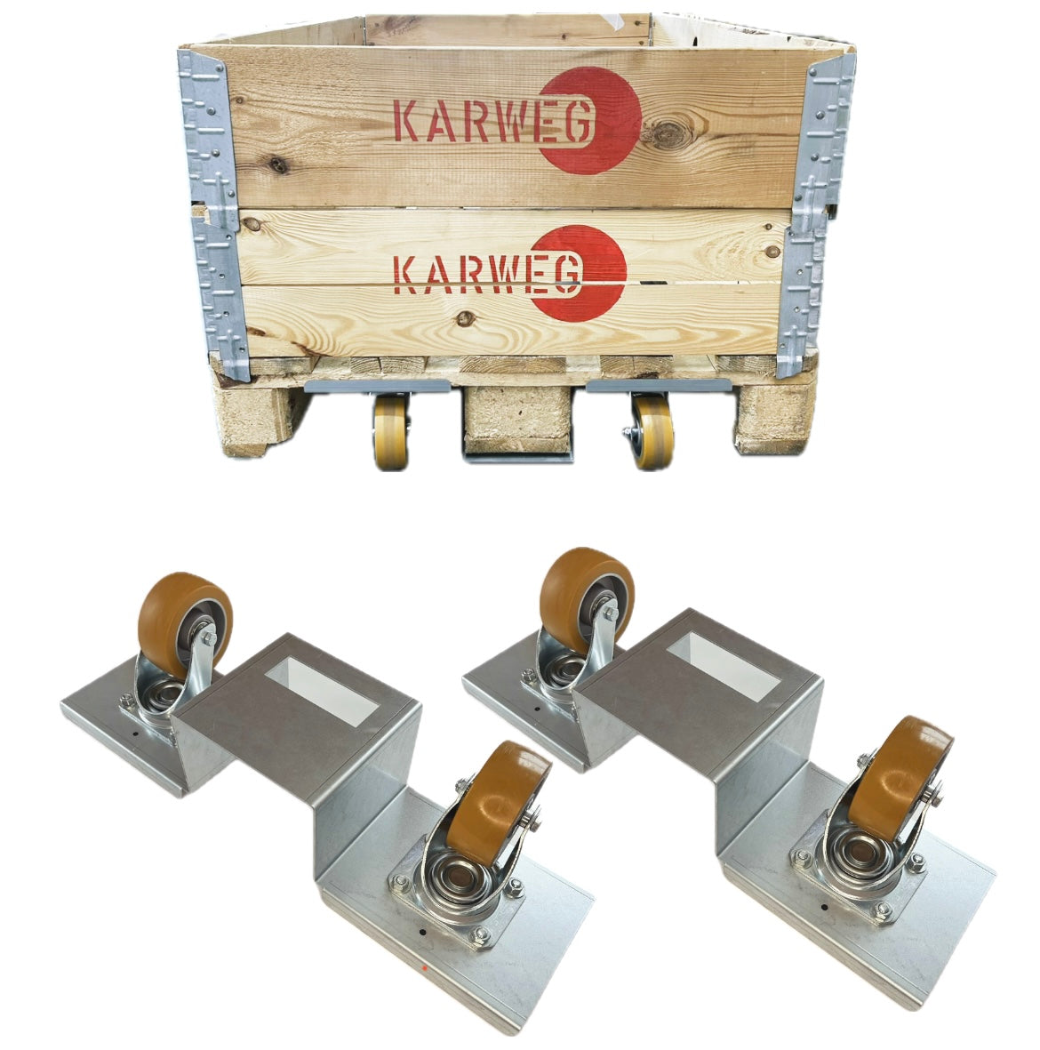 Holzaufbewahrungsbox auf Rädern, mit drei separaten Lenkrollen-Anbauten (siehe unten).