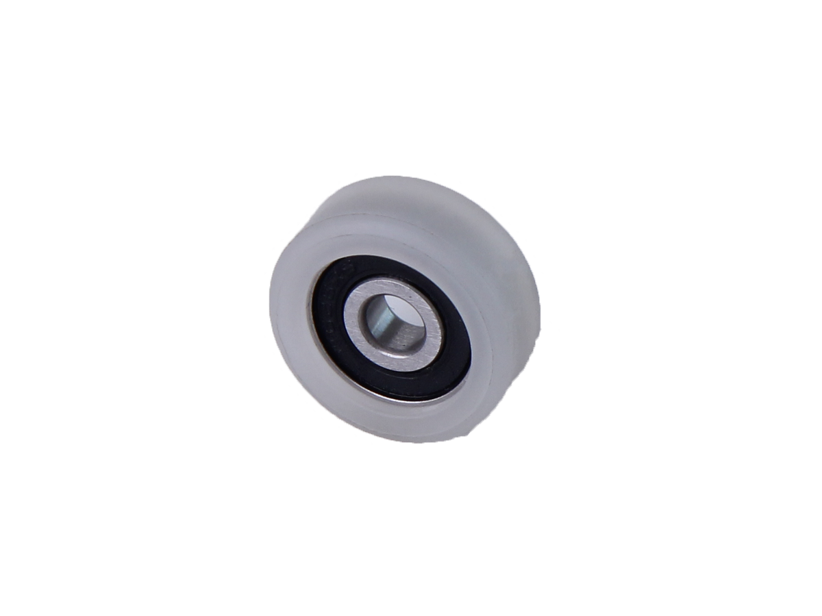 KARWEG-Rad, Ø 25 × 10 × Ø 6 mm, flache Lauffläche, zentrales Kugellager, weißer Kunststoff.