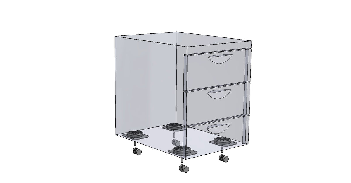 Transparenter Schrank mit drei Schubladen, die jeweils auf einem KARWEG-Rollentopf mit harter Lauffläche laufen.