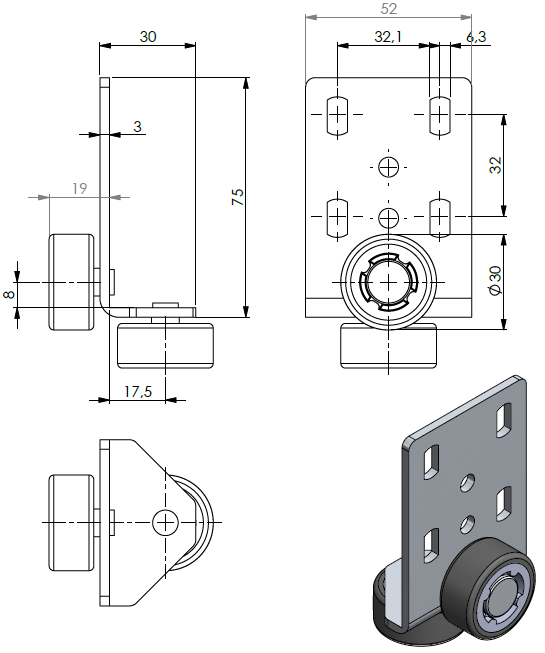 Zeichnung der KARWEG-Kopfteilrolle 76 x 53 mm, 2 Räder mit Ø 30 mm, weiche Lauffläche, verschiedene Ansichten dargestellt.