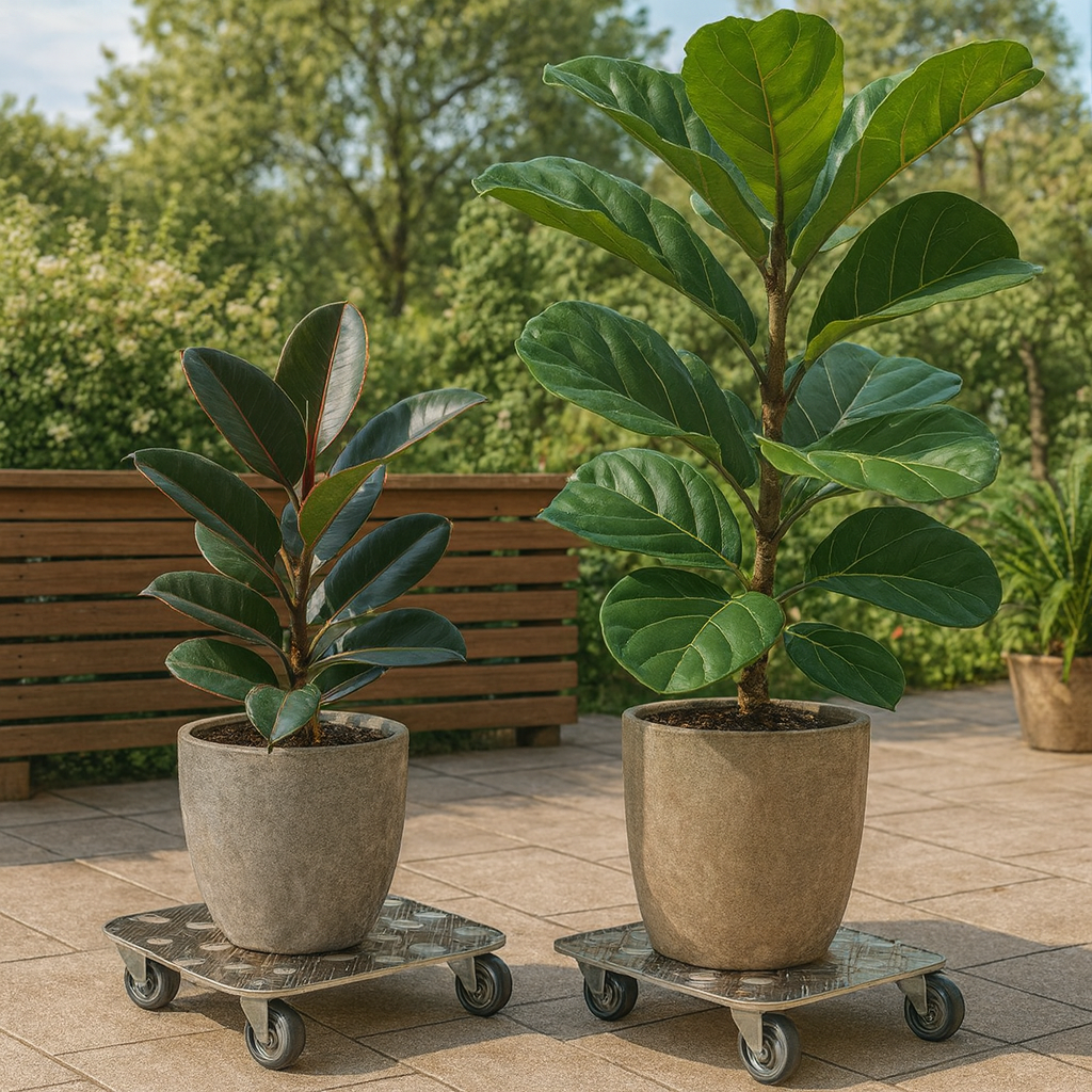 Zwei Topfpflanzen auf Ständern auf Rädern auf einer gefliesten Terrasse mit Grün im Hintergrund.