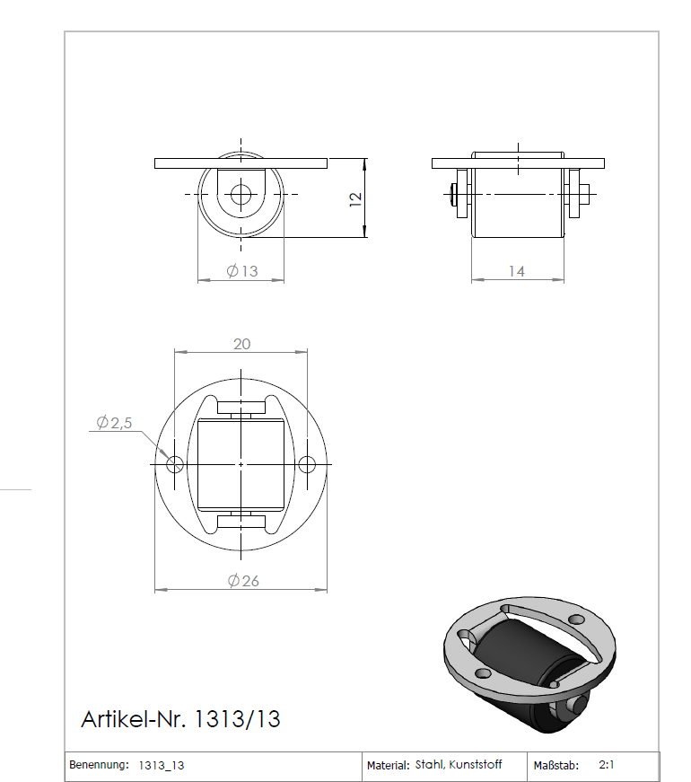 Technische Zeichnung: KARWEG Ø13 mm Kastenbockrolle, harte Lauffläche, Seiten-, Vorder- und isometrische Ansichten.