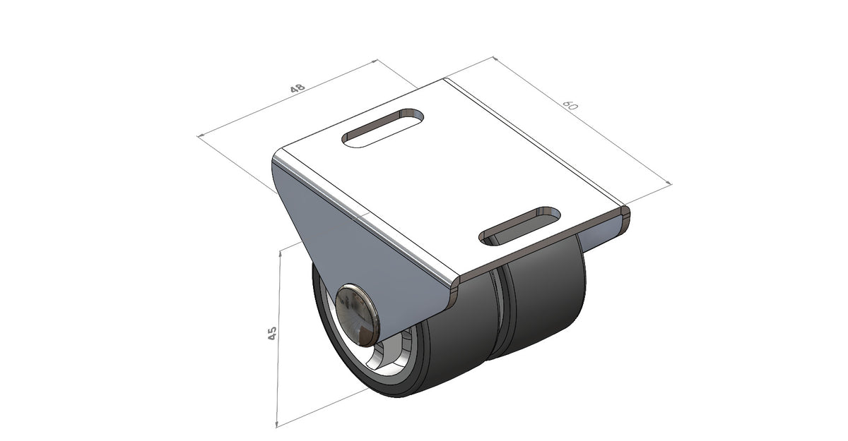 KARWEG Ø40 mm Kastenbockrolle, 2 Räder, weiche Lauffläche, mit Maßangaben (3D-Modell).