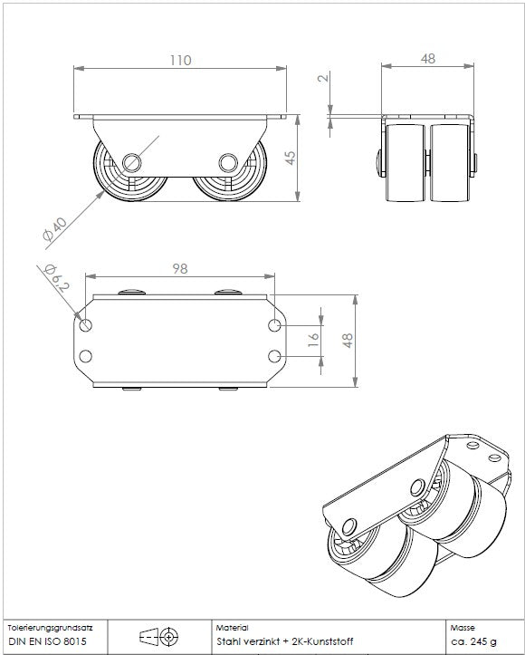 KARWEG Kastenbockrolle Ø 40 mm, 4 Räder, weiche Lauffläche, Sonderausführung, Zeichnung.