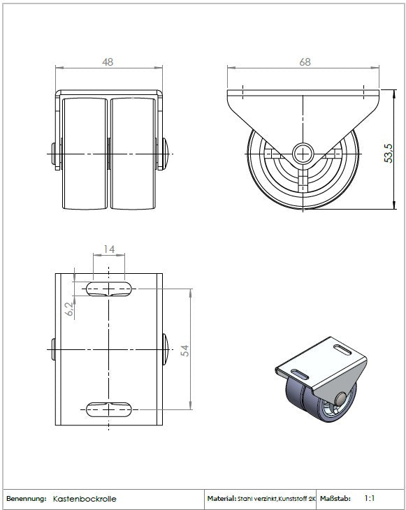 Technische Zeichnung: KARWEG Ø 50 mm Kastenbockrolle, weiche Lauffläche, 2 Räder, Maße oben/seitlich/vorne.