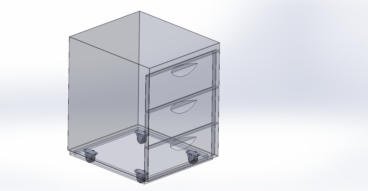 Das 3D-Schrankmodell enthält eine KARWEG-Kastenbockrolle (Ø 40 mm) mit weicher Lauffläche.