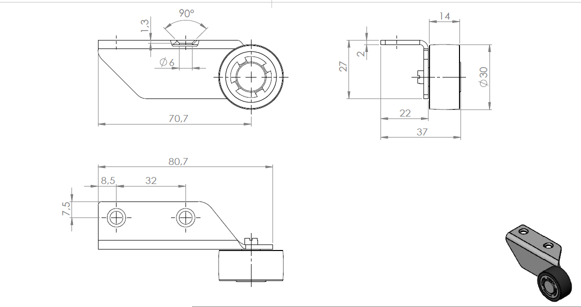 Zeichnung: Winkel 22 × 50 mm, Rolle Ø 30 mm, links, weiche Lauffläche, KARWEG GmbH & Co. KG, 3 Ansichten.