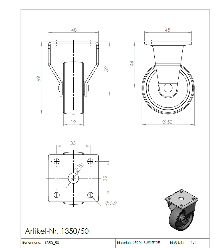 Technische Zeichnung: KARWEG Ø 50 mm Kastenbockrolle, harte Lauffläche, inkl. Maße.