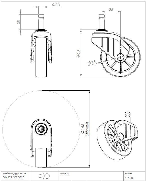 Technische Zeichnung: Lenkrolle Ø 75 mm / Stift Ø 10 mm für S 4/6/Twin, von KARWEG für Kärcher-Kehrmaschine.