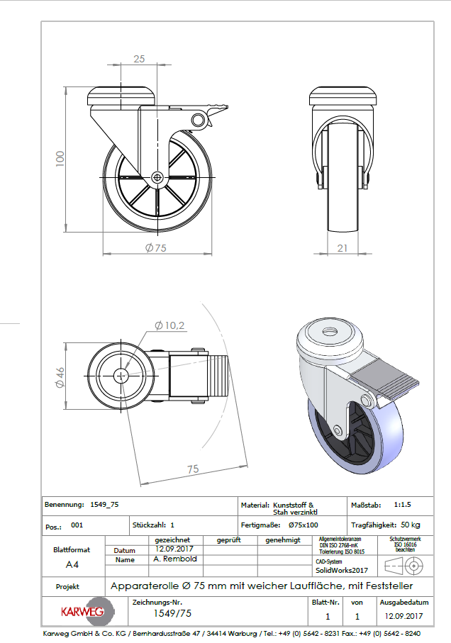 Technische Zeichnung: KARWEG-Geräterolle, Ø 75 mm, weich, Feststeller, Rückenloch 10,2 mm.