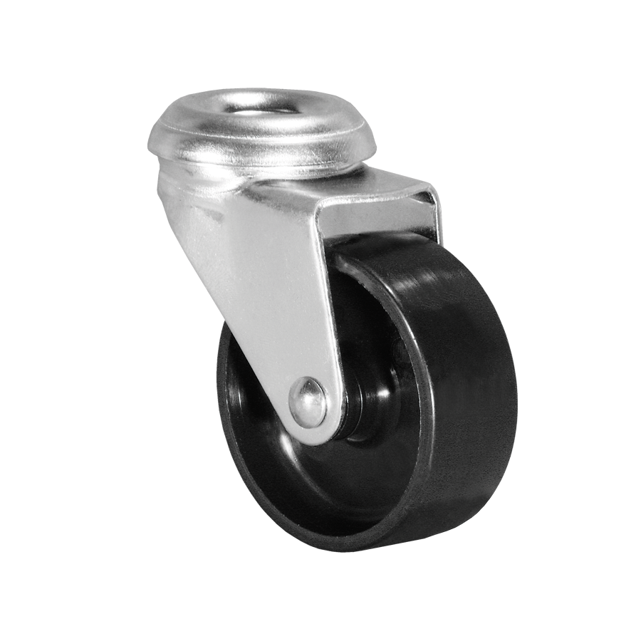 KARWEG Ø75 mm Apparaterolle, harte Lauffläche, Rückenloch 10,2 mm; schwarz/silber auf weißem Hintergrund.