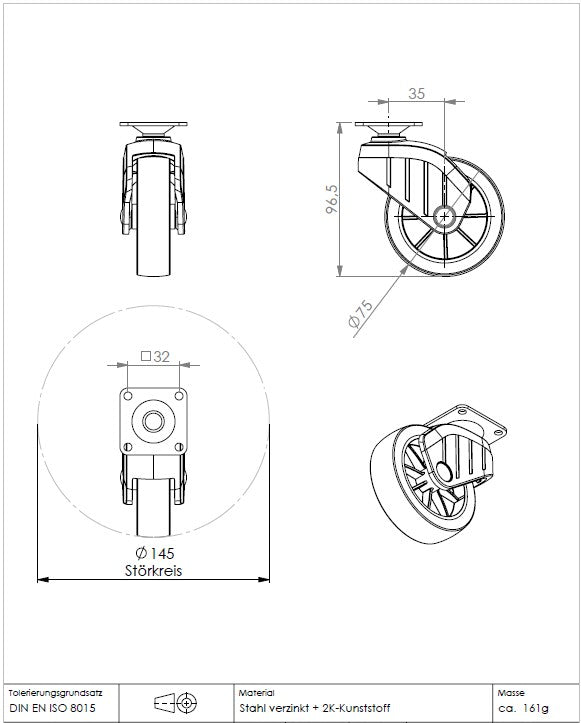 KARWEG Ø75 mm Apparaterolle, weiche Lauffläche, Kunststoff, Platte 42 × 42 mm – siehe Abbildung.