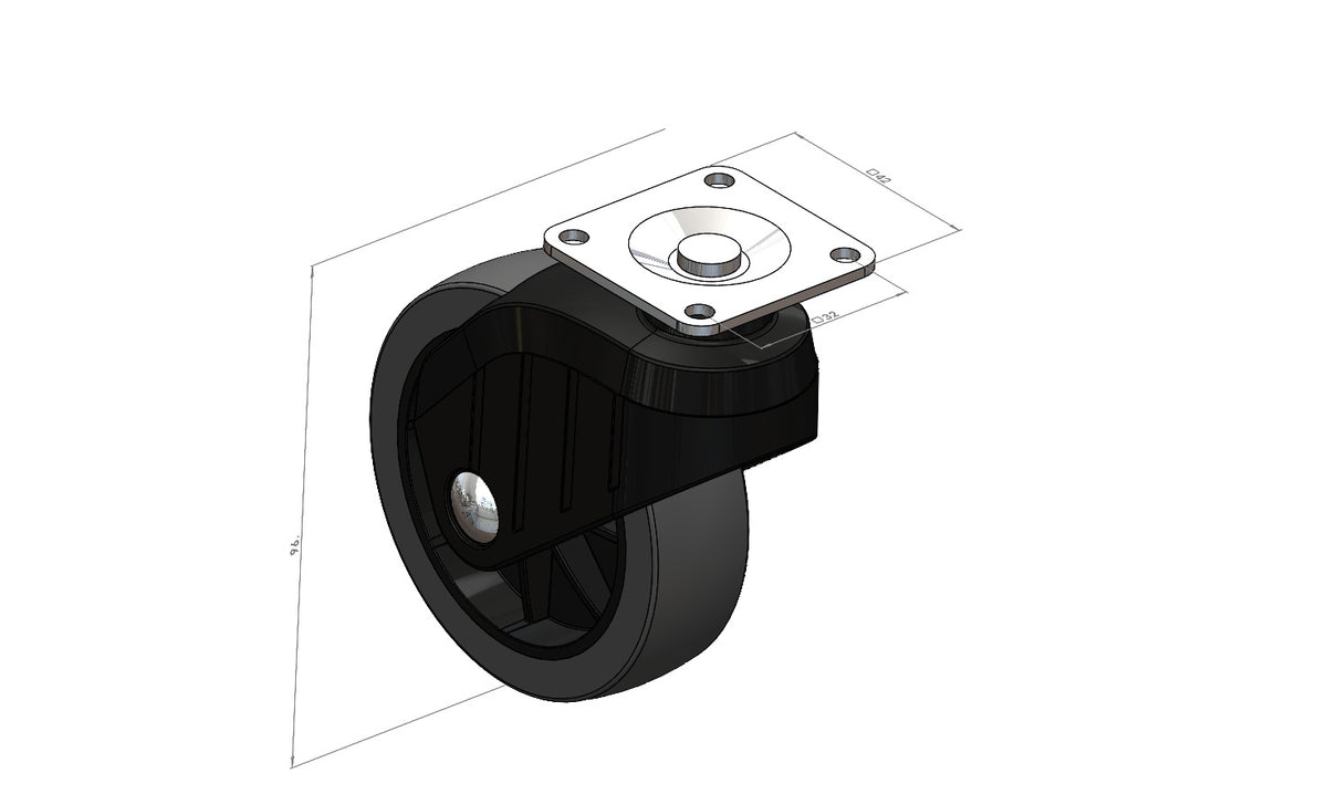 3D-Rendering: KARWEG Ø75 mm Apparaterolle, weiche Lauffläche, Kunststoff, Platte 42 × 42 mm.