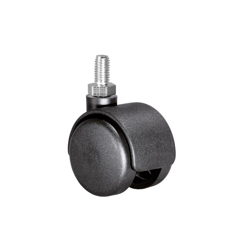 KARWEG-Doppelrolle, Ø 40 mm, harte Lauffläche, Gewindestift M10 × 15 mm auf weißem Hintergrund.