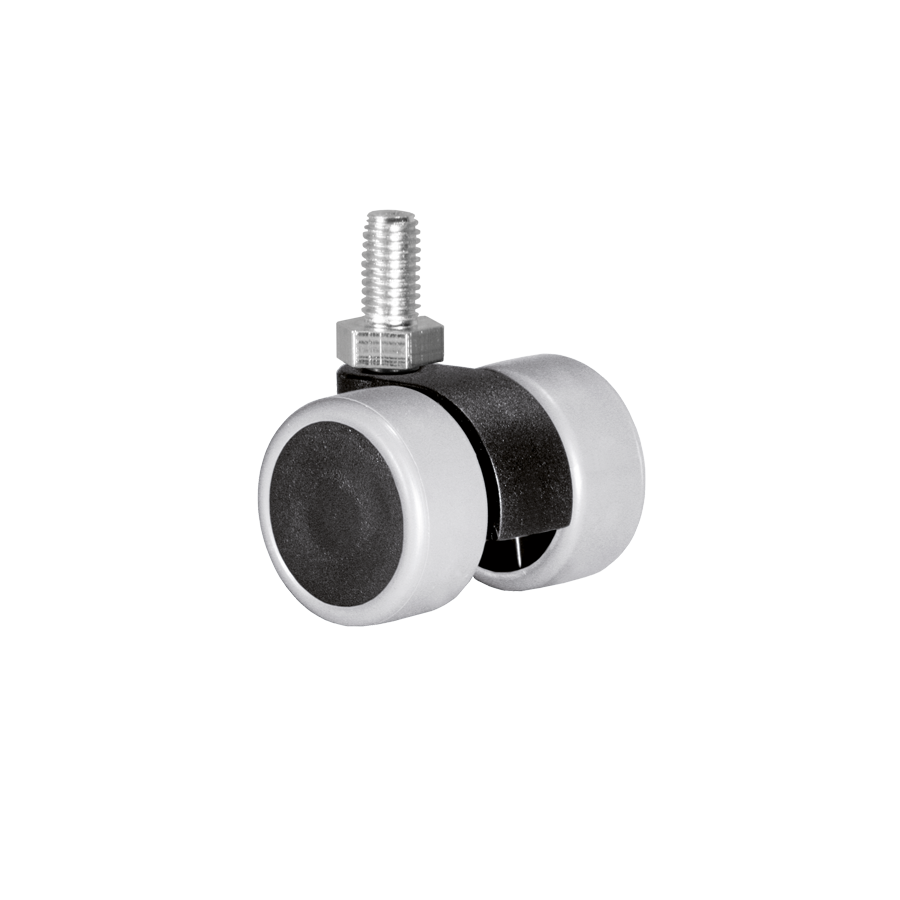 KARWEG Doppelrolle Ø 30 mm, weich, grau, M8x12 mm Gewindestift auf weißem Hintergrund.