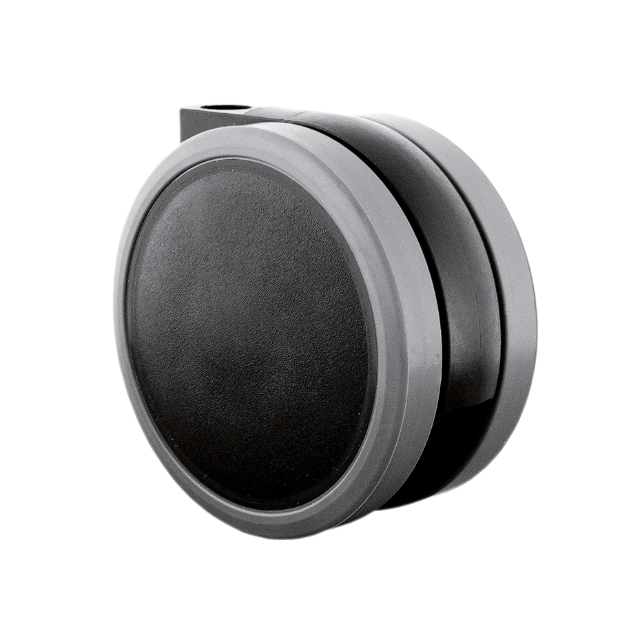 Nahaufnahme einer KARWEG-Doppelrolle (Ø 65 mm), weiche Lauffläche, schwarz/grau auf weißem Hintergrund.