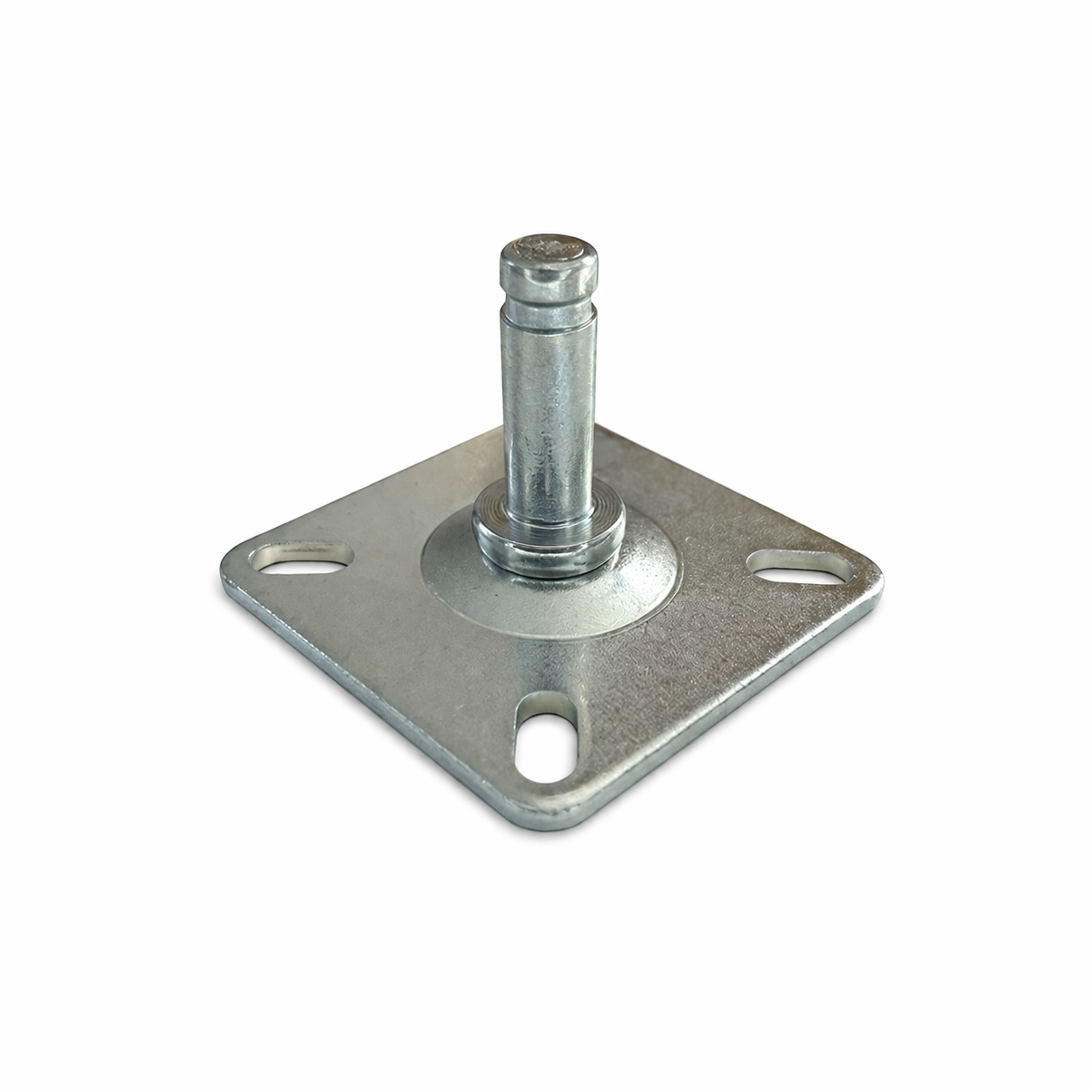 Anschraubplatte 60 × 60 × 3 mm, Stift Ø 10 mm, 4 Langlöcher, KARWEG GmbH & Co. KG, verzinkt.