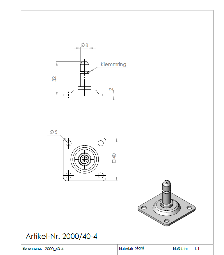 Technische Zeichnung für KARWEG-Anschraubplatte 40 × 40 × 2 mm, Stift Ø 8 × 27 mm, verzinkt.