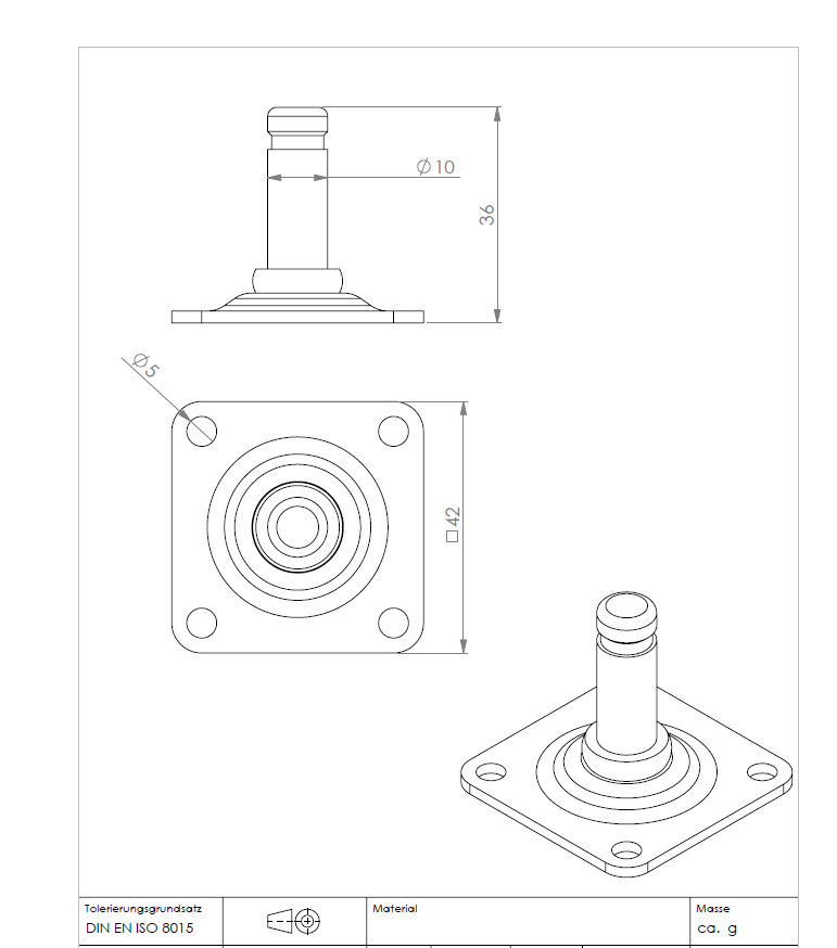 Technische Zeichnung: Anschraubplatte 42 × 42 × 2 mm, Ø 10 mm, verzinkt, KARWEG GmbH & Co. KG, drei Ansichten.