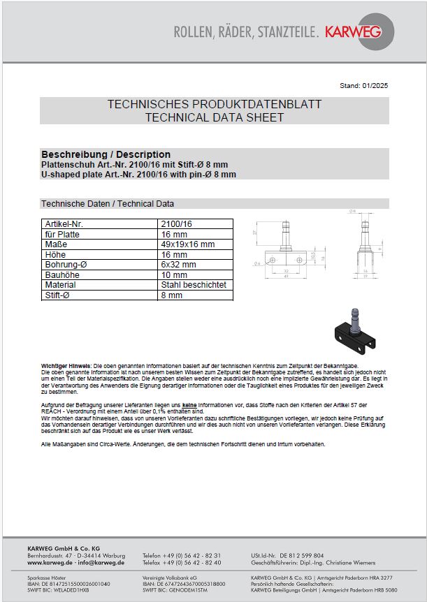 Technisches Datenblatt mit Zeichnung für KARWEG-Doppelrolle Ø 35 mm + 16 mm Plattenschuh; enthält Maßangaben.