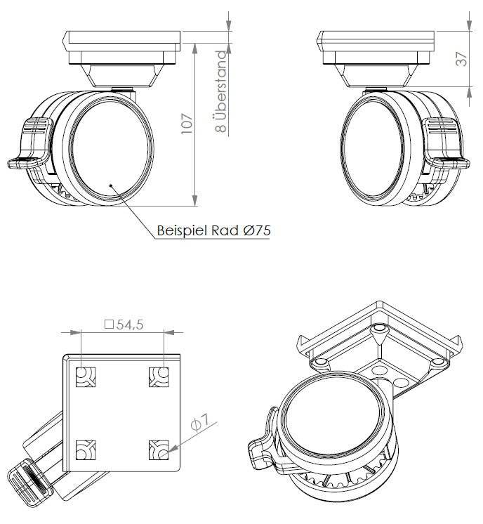 Technische Zeichnung des Rollendiscount-Lenkrollen-Sets Ø 75 mm mit Feststeller, Ansichten und Maße.